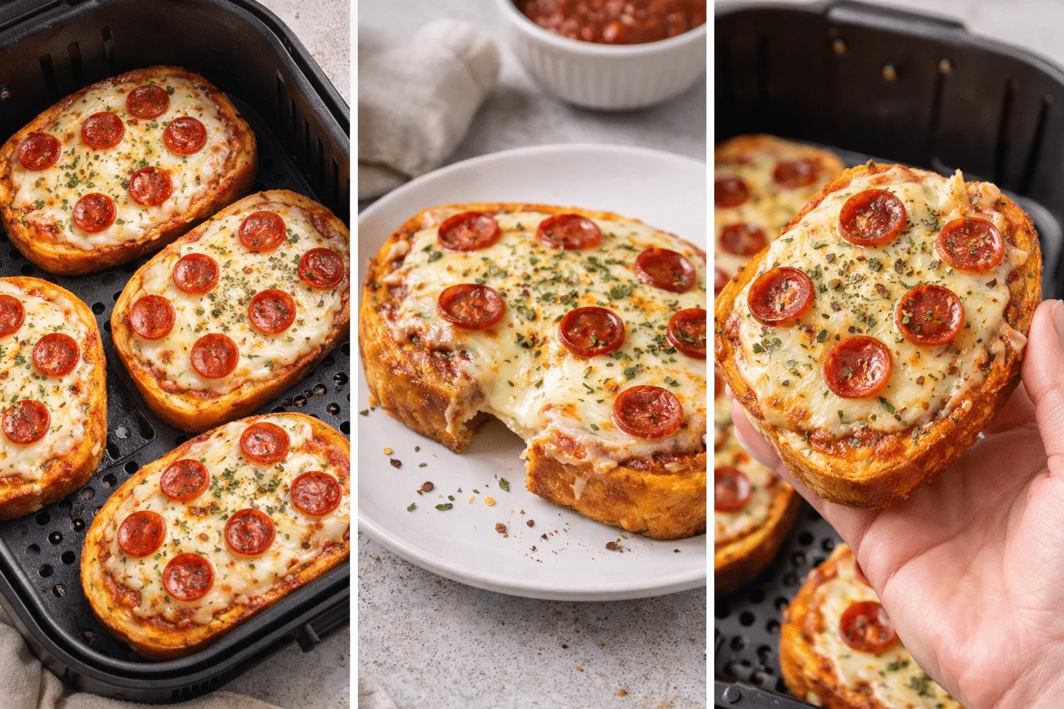 Pepperoni Texas toast pizzas topped with melted mozzarella and Italian herbs on a wooden serving board.