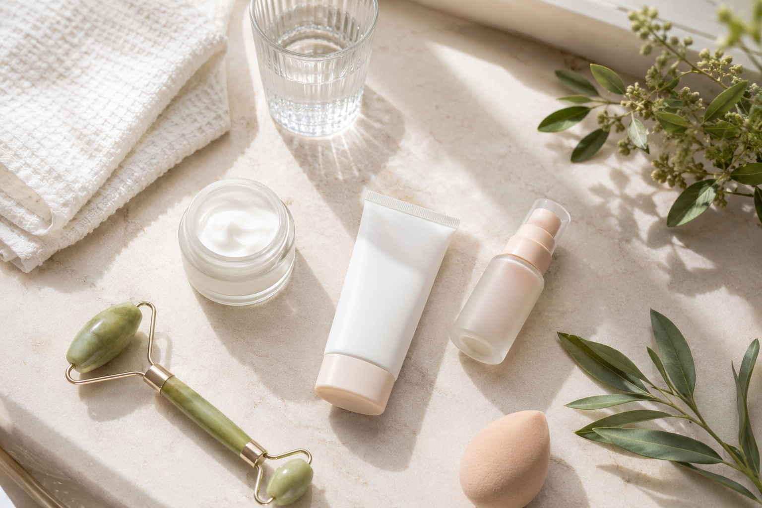 allday2.png Lightweight skincare and makeup products arranged for a hot-weather beauty routine.