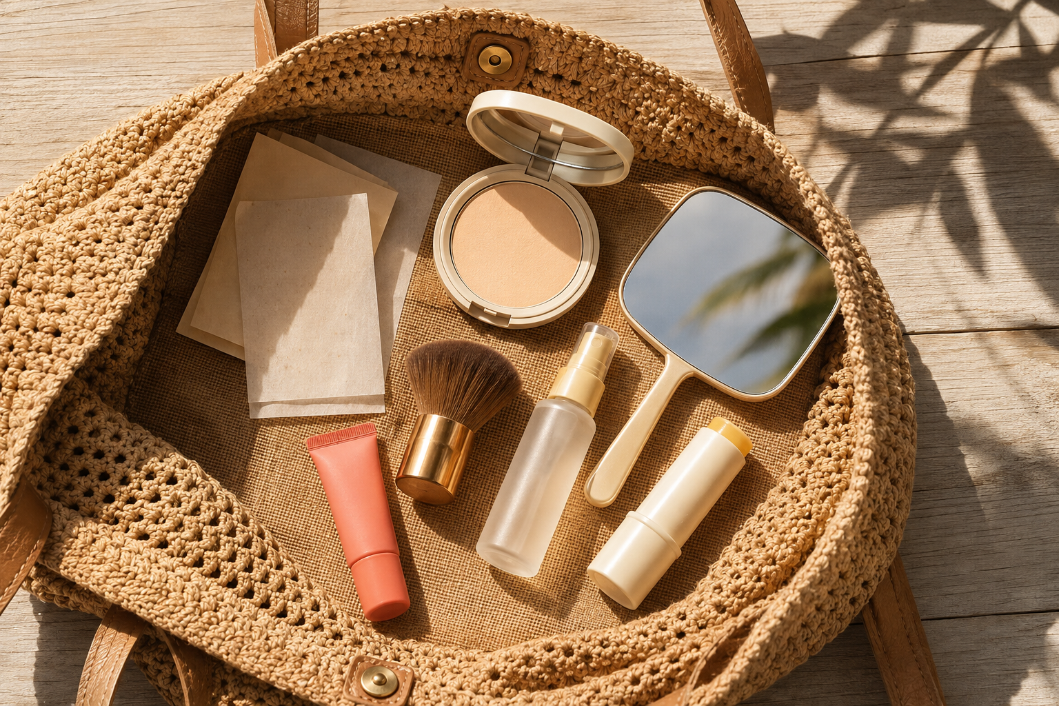 allday4.png Compact summer makeup touch-up kit with powder, blotting papers, lip color, and beauty essentials.